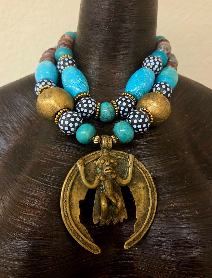 African Beaded Tribal Statement Necklace With Brass Monkey Pendant - Blue Brown & Gold Ethnic Choker