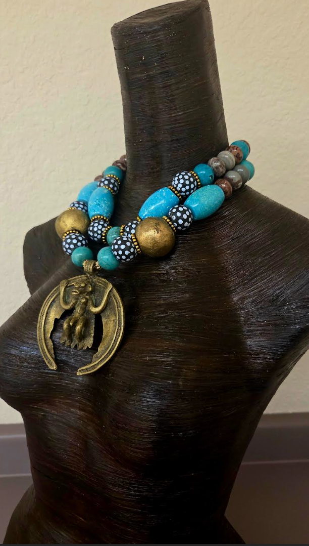 African Beaded Tribal Statement Necklace With Brass Monkey Pendant - Blue Brown & Gold Ethnic Choker