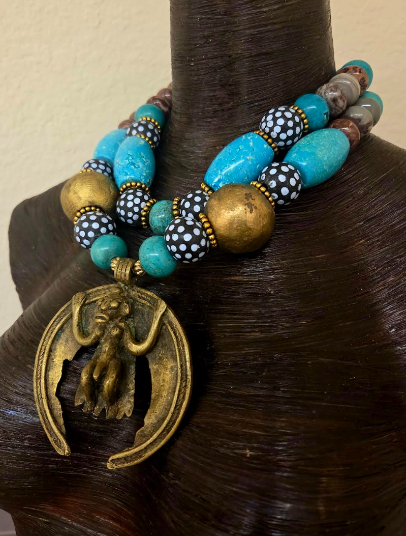 African Beaded Tribal Statement Necklace With Brass Monkey Pendant - Blue Brown & Gold Ethnic Choker