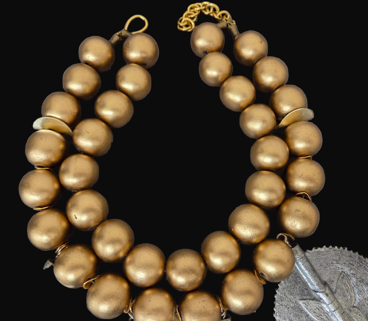 African Sun Disk Pendant Tribal Statement Necklace - Gold Metallic Wood Beaded Choker - OOAK Ethnic Neck Candy