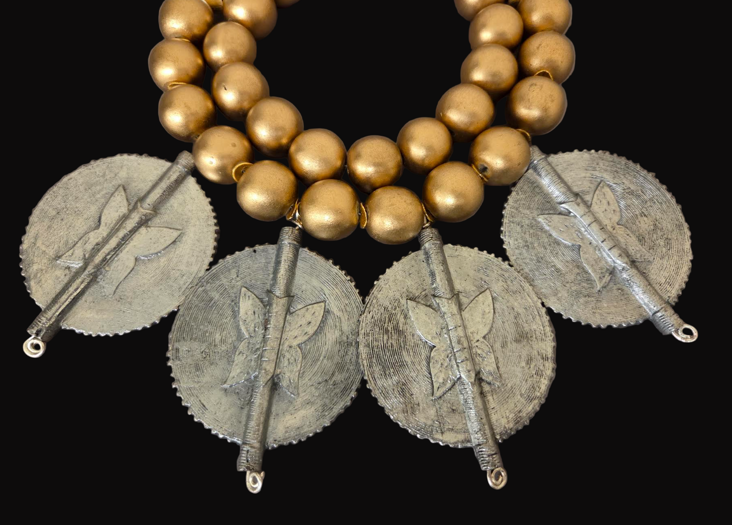 African Sun Disk Pendant Tribal Statement Necklace - Gold Metallic Wood Beaded Choker - OOAK Ethnic Neck Candy