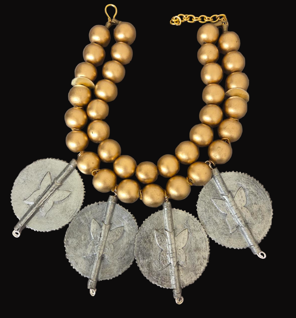 African Sun Disk Pendant Tribal Statement Necklace - Gold Metallic Wood Beaded Choker - OOAK Ethnic Neck Candy