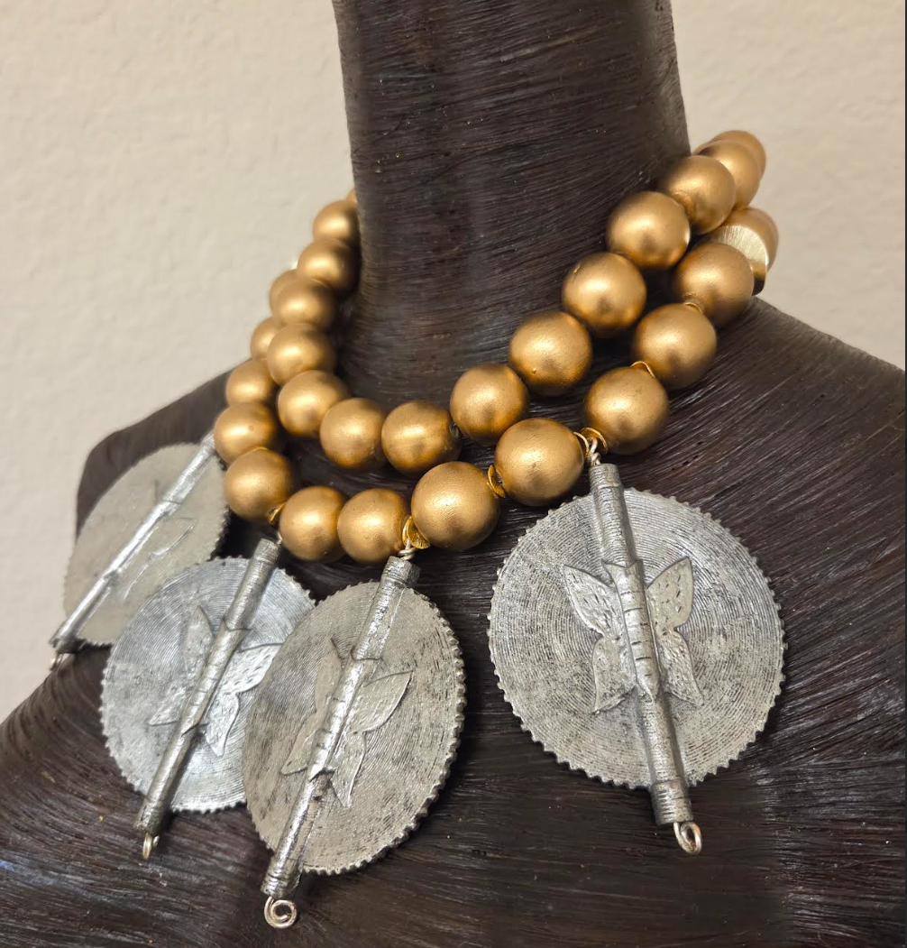 African Sun Disk Pendant Tribal Statement Necklace - Gold Metallic Wood Beaded Choker - OOAK Ethnic Neck Candy