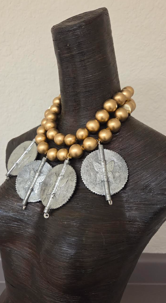 African Sun Disk Pendant Tribal Statement Necklace - Gold Metallic Wood Beaded Choker - OOAK Ethnic Neck Candy