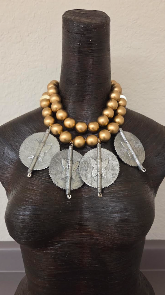 African Sun Disk Pendant Tribal Statement Necklace - Gold Metallic Wood Beaded Choker - OOAK Ethnic Neck Candy