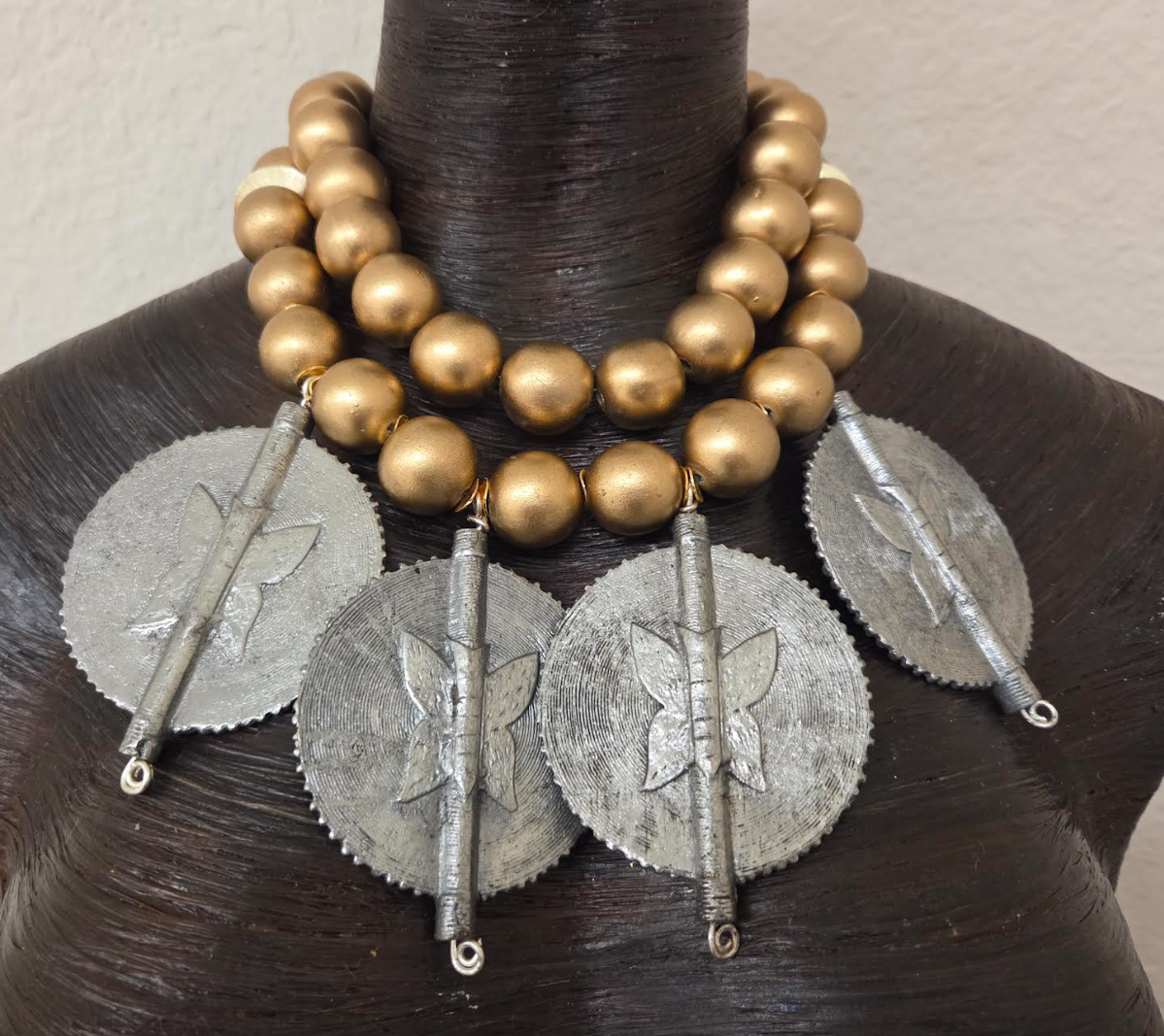 African Sun Disk Pendant Tribal Statement Necklace - Gold Metallic Wood Beaded Choker - OOAK Ethnic Neck Candy