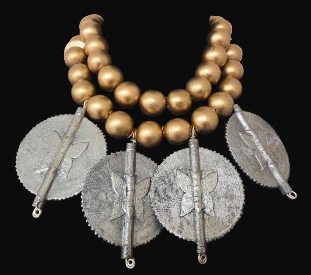 African Sun Disk Pendant Tribal Statement Necklace - Gold Metallic Wood Beaded Choker - OOAK Ethnic Neck Candy