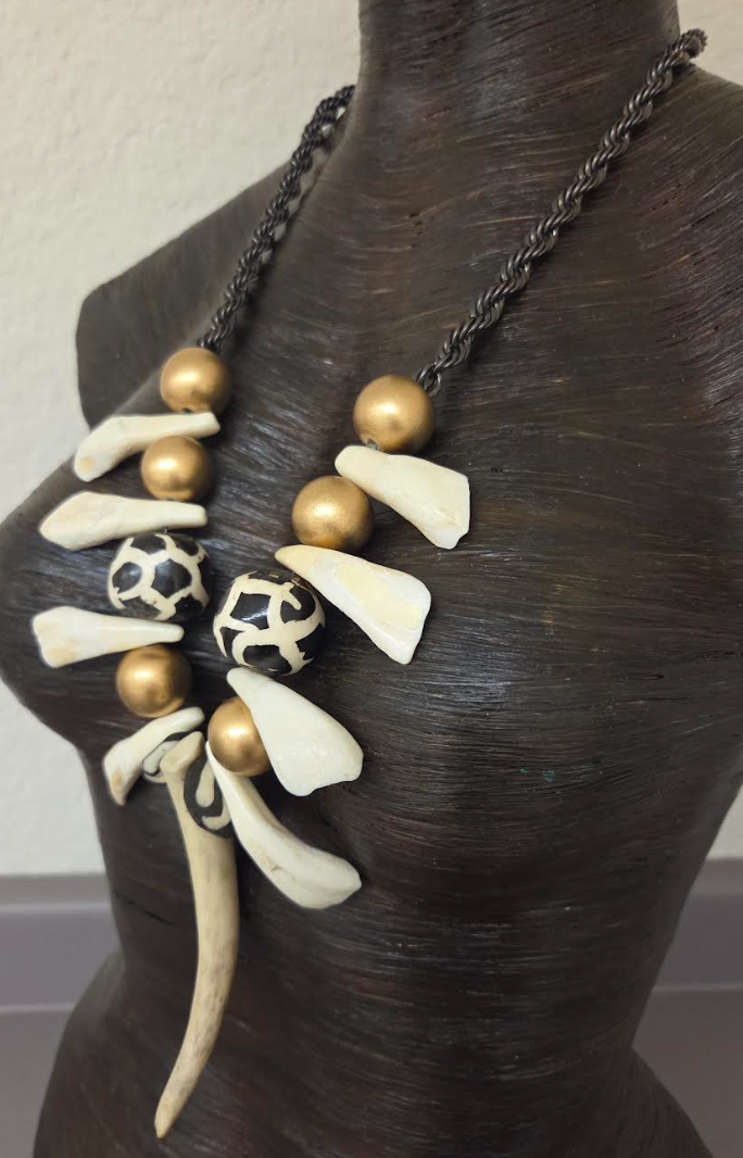 Unisex Tribal Chest Piece with Antler, Bone & Buffalo Teeth - Exotic and Wild Warrior Statement Necklace