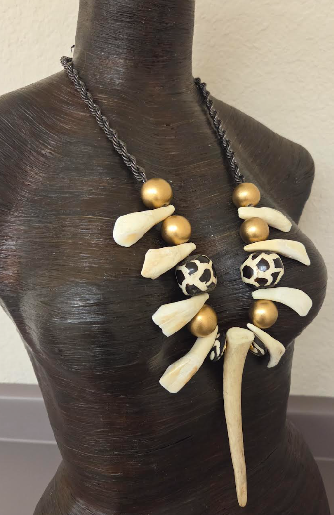 Unisex Tribal Chest Piece with Antler, Bone & Buffalo Teeth - Exotic and Wild Warrior Statement Necklace
