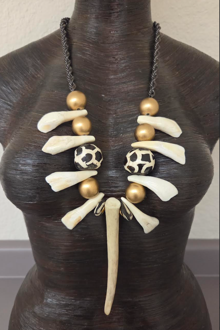 Unisex Tribal Chest Piece with Antler, Bone & Buffalo Teeth - Exotic and Wild Warrior Statement Necklace