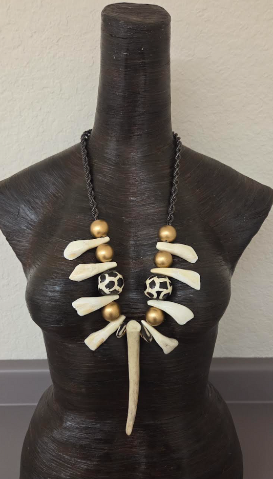 Unisex Tribal Chest Piece with Antler, Bone & Buffalo Teeth - Exotic and Wild Warrior Statement Necklace
