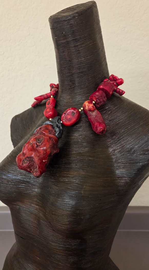 Freeform Red Coral Pendant Statement Necklace - Avant Garde Asymmetrical Coral Neck Candy