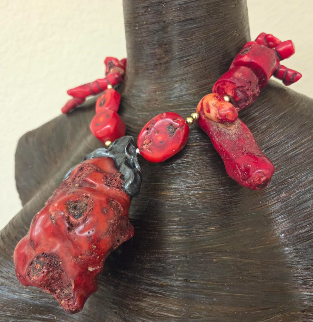 Freeform Red Coral Pendant Statement Necklace - Avant Garde Asymmetrical Coral Neck Candy