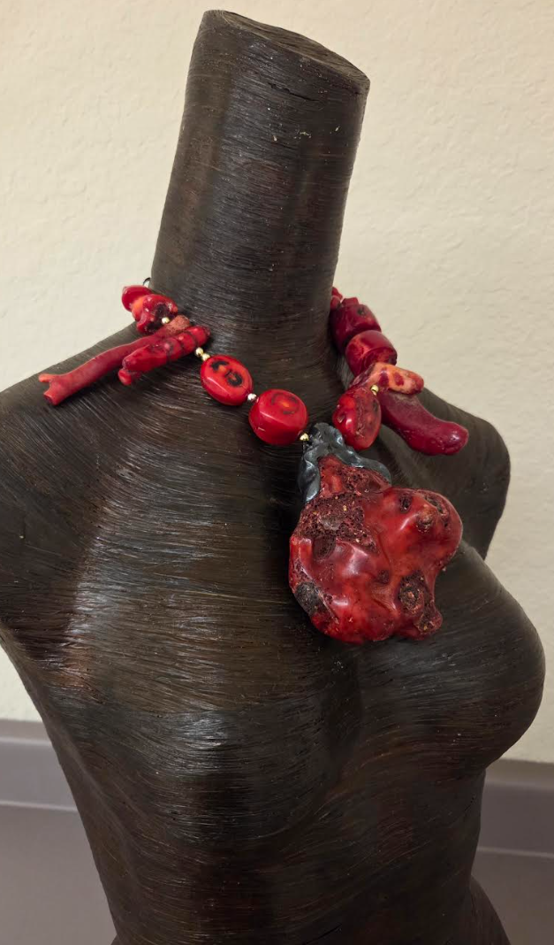 Freeform Red Coral Pendant Statement Necklace - Avant Garde Asymmetrical Coral Neck Candy