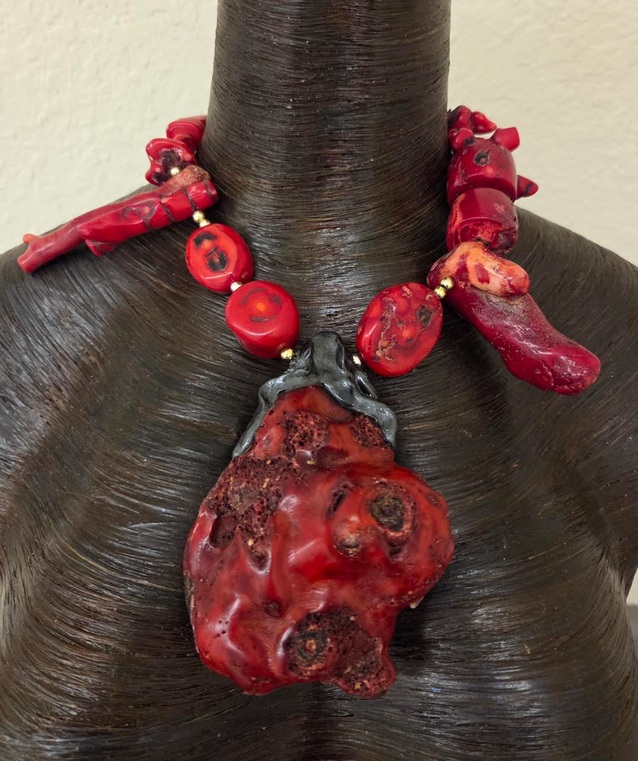 Freeform Red Coral Pendant Statement Necklace - Avant Garde Asymmetrical Coral Neck Candy
