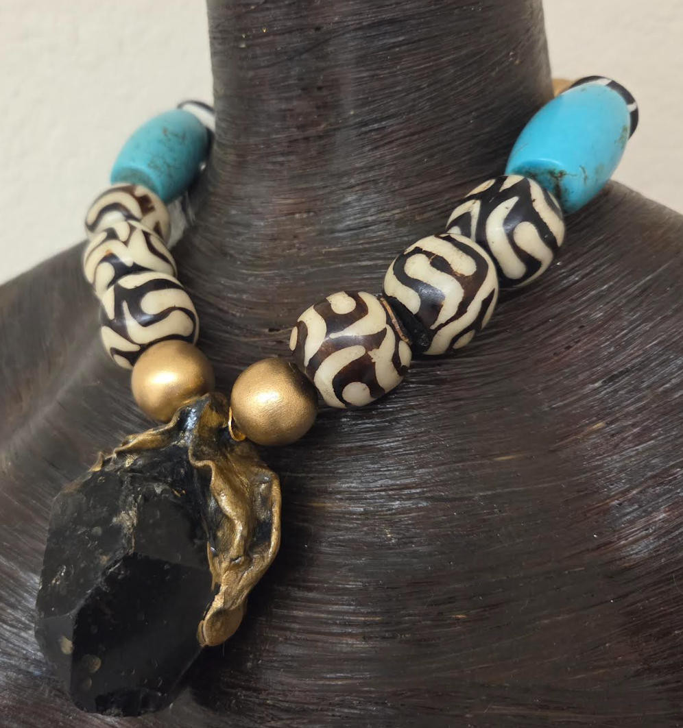 Sculpted Gemmy Smoky Quartz Pendant On A Mixed Media Beaded Necklace - Bold Chunky & Heavy Choker