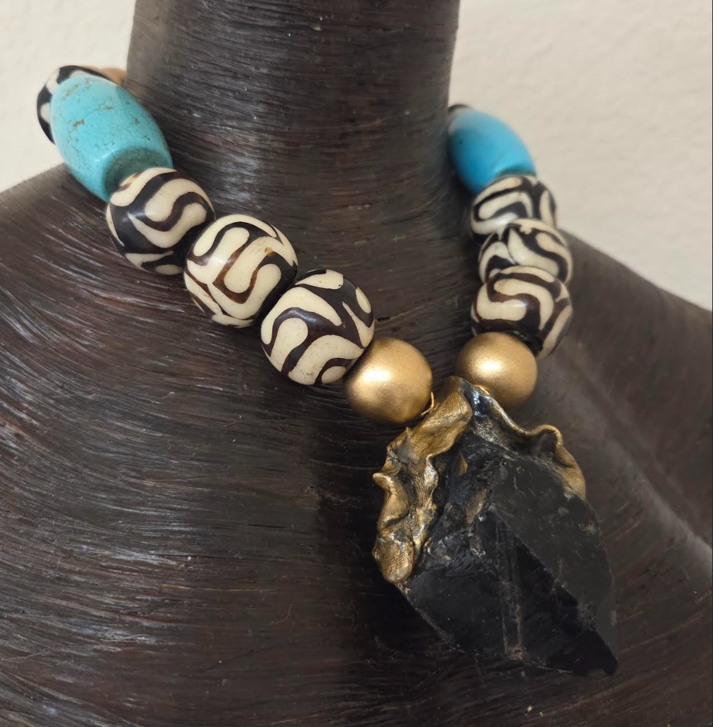 Sculpted Gemmy Smoky Quartz Pendant On A Mixed Media Beaded Necklace - Bold Chunky & Heavy Choker