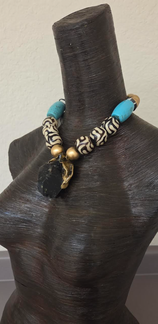 Sculpted Gemmy Smoky Quartz Pendant On A Mixed Media Beaded Necklace - Bold Chunky & Heavy Choker