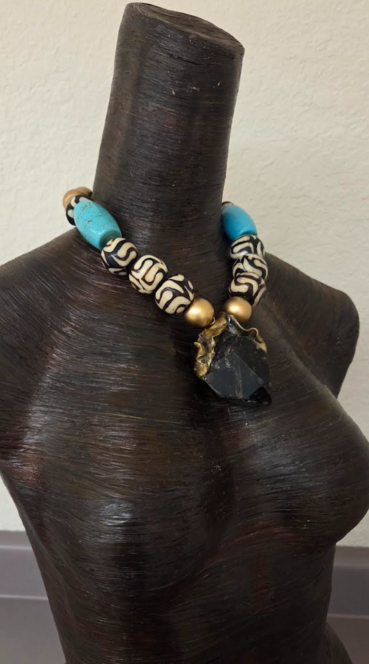 Sculpted Gemmy Smoky Quartz Pendant On A Mixed Media Beaded Necklace - Bold Chunky & Heavy Choker