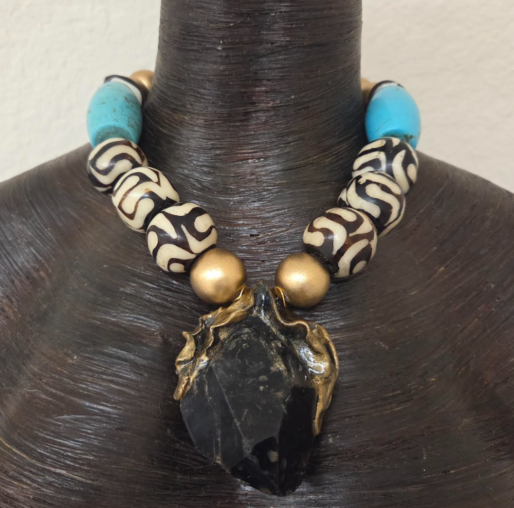 Sculpted Gemmy Smoky Quartz Pendant On A Mixed Media Beaded Necklace - Bold Chunky & Heavy Choker