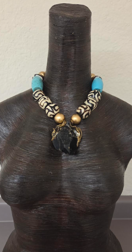 Sculpted Gemmy Smoky Quartz Pendant On A Mixed Media Beaded Necklace - Bold Chunky & Heavy Choker