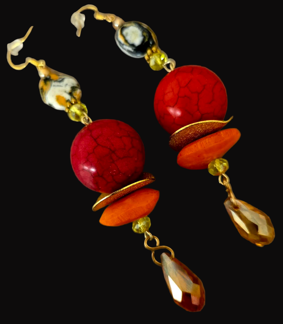 Red, Orange & Gold Beaded Shoulder Dusters - Extra Long Autumn Pierced Earrings - Kat Kouture Jewelry