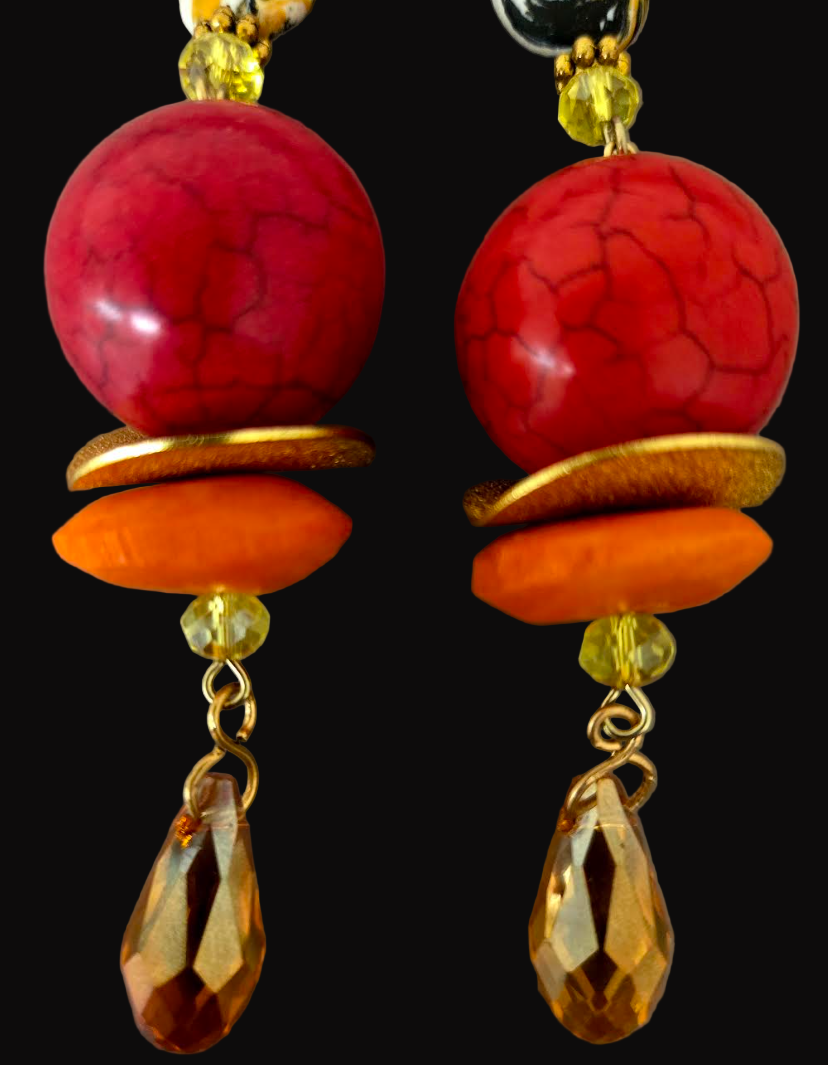 Red, Orange & Gold Beaded Shoulder Dusters - Extra Long Autumn Pierced Earrings - Kat Kouture Jewelry