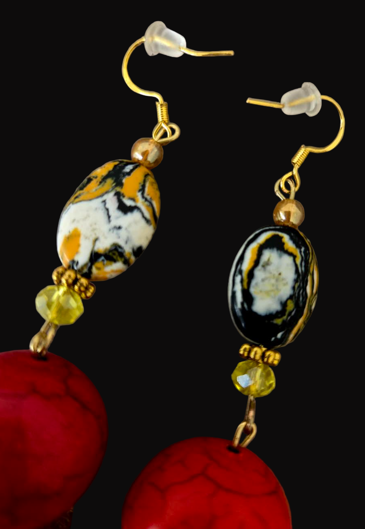 Red, Orange & Gold Beaded Shoulder Dusters - Extra Long Autumn Pierced Earrings - Kat Kouture Jewelry