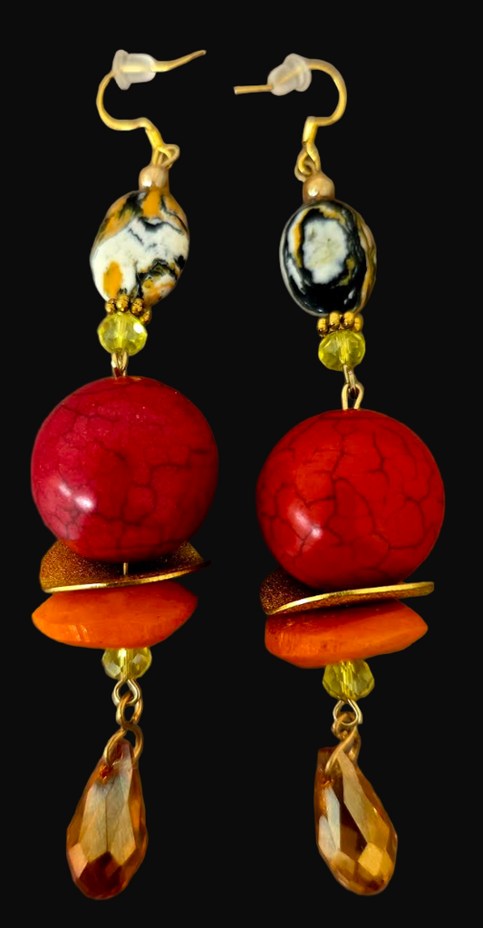 Red, Orange & Gold Beaded Shoulder Dusters - Extra Long Autumn Pierced Earrings - Kat Kouture Jewelry