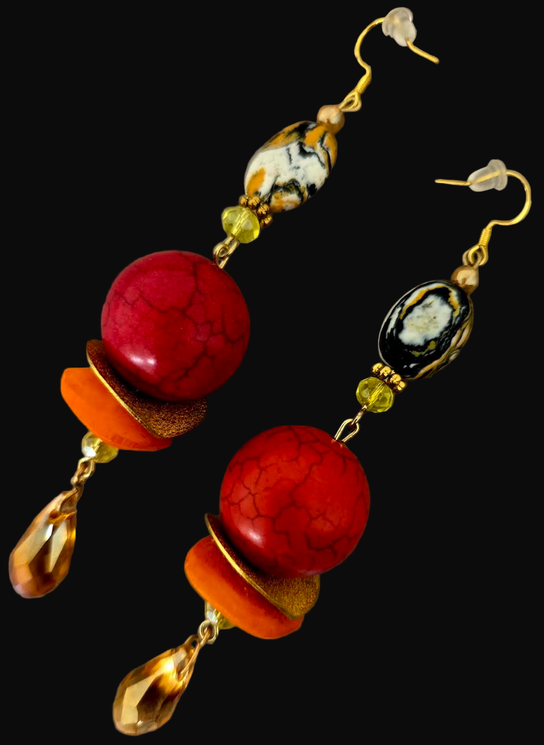 Red, Orange & Gold Beaded Shoulder Dusters - Extra Long Autumn Pierced Earrings - Kat Kouture Jewelry