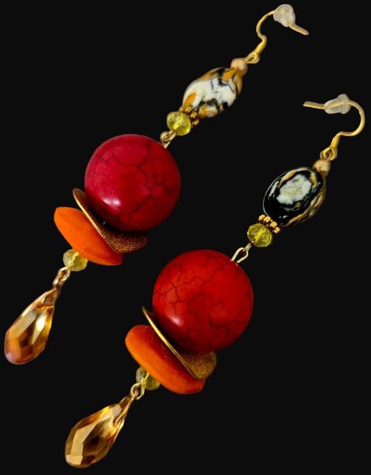 Red, Orange & Gold Beaded Shoulder Dusters - Extra Long Autumn Pierced Earrings - Kat Kouture Jewelry