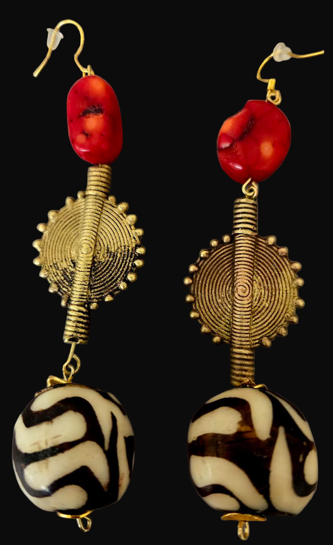 Tribal Shoulder Duster Earrings with Bone, Brass & Coral - Exotic & Wild Long Beaded Dangle Ear Candy