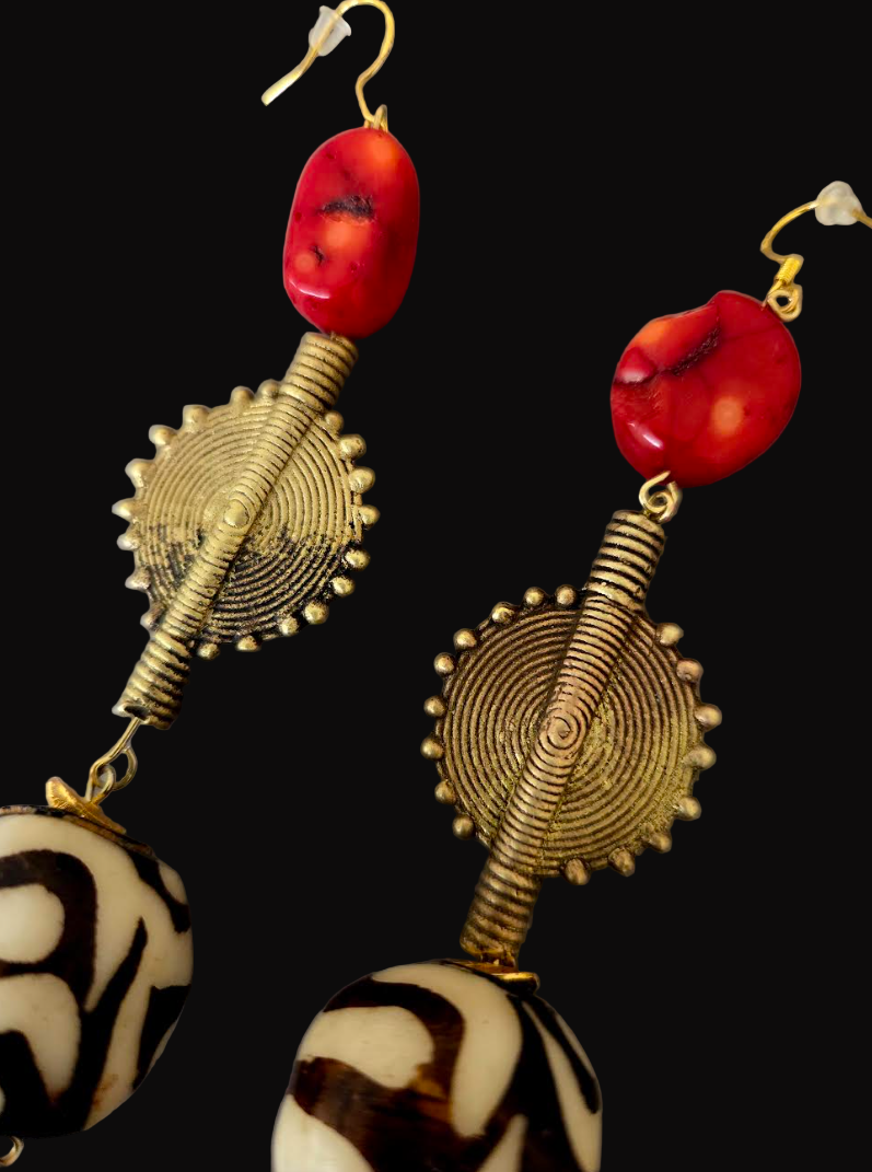Tribal Shoulder Duster Earrings with Bone, Brass & Coral - Exotic & Wild Long Beaded Dangle Ear Candy