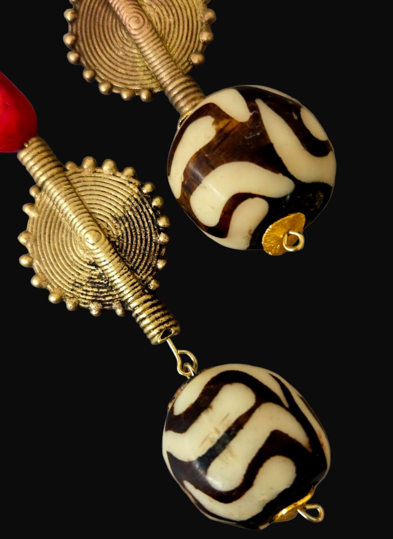 Tribal Shoulder Duster Earrings with Bone, Brass & Coral - Exotic & Wild Long Beaded Dangle Ear Candy