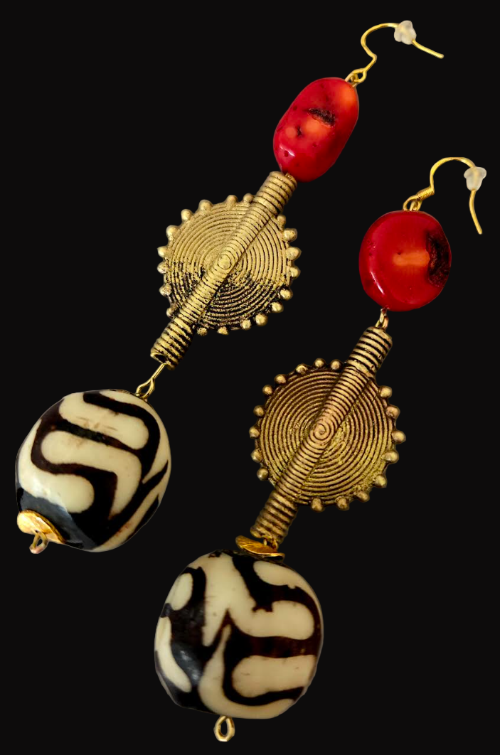 Tribal Shoulder Duster Earrings with Bone, Brass & Coral - Exotic & Wild Long Beaded Dangle Ear Candy
