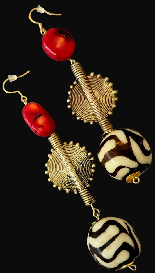 Tribal Shoulder Duster Earrings with Bone, Brass & Coral - Exotic & Wild Long Beaded Dangle Ear Candy