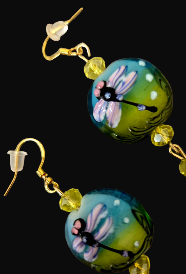 Dragonfly Motif Lampwork Beaded Pierced Earrings - Blue Green & Yellow Drop Earrings - Unique Gift for Her