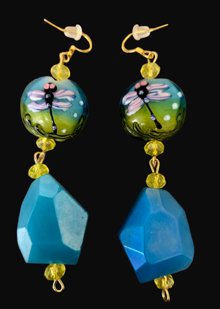 Dragonfly Motif Lampwork Beaded Pierced Earrings - Blue Green & Yellow Drop Earrings - Unique Gift for Her
