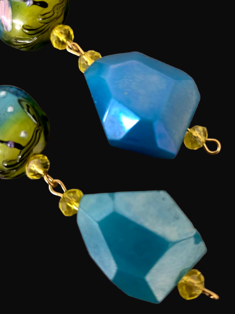 Dragonfly Motif Lampwork Beaded Pierced Earrings - Blue Green & Yellow Drop Earrings - Unique Gift for Her