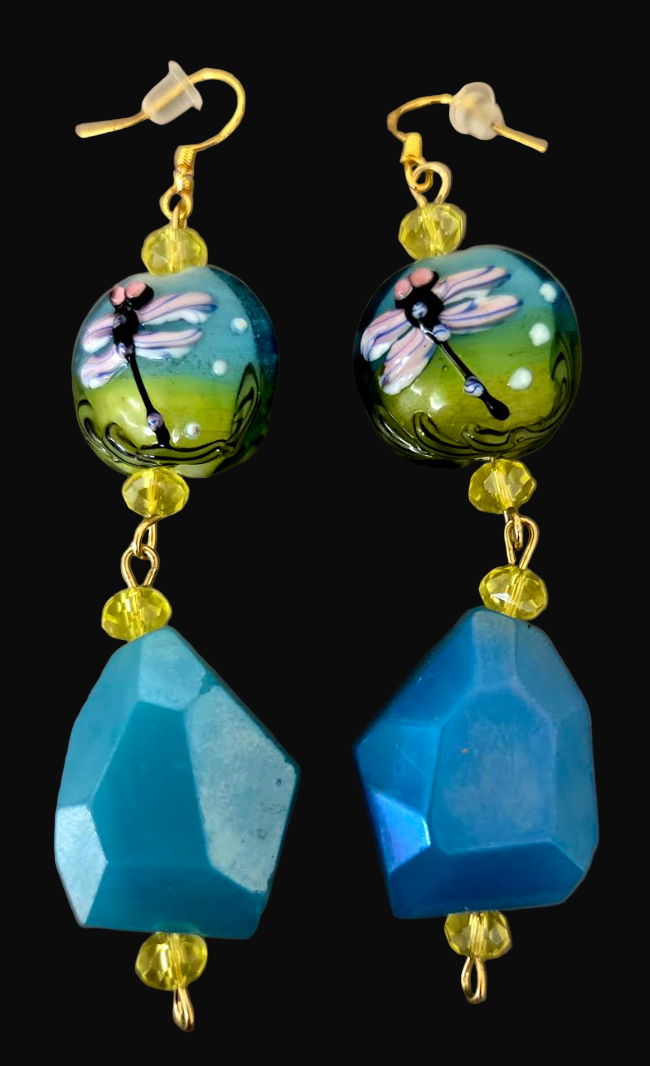 Dragonfly Motif Lampwork Beaded Pierced Earrings - Blue Green & Yellow Drop Earrings - Unique Gift for Her