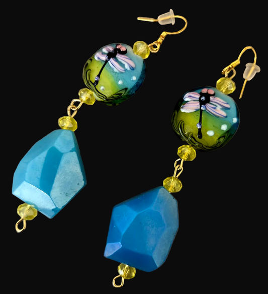 Dragonfly Motif Lampwork Beaded Pierced Earrings - Blue Green & Yellow Drop Earrings - Unique Gift for Her