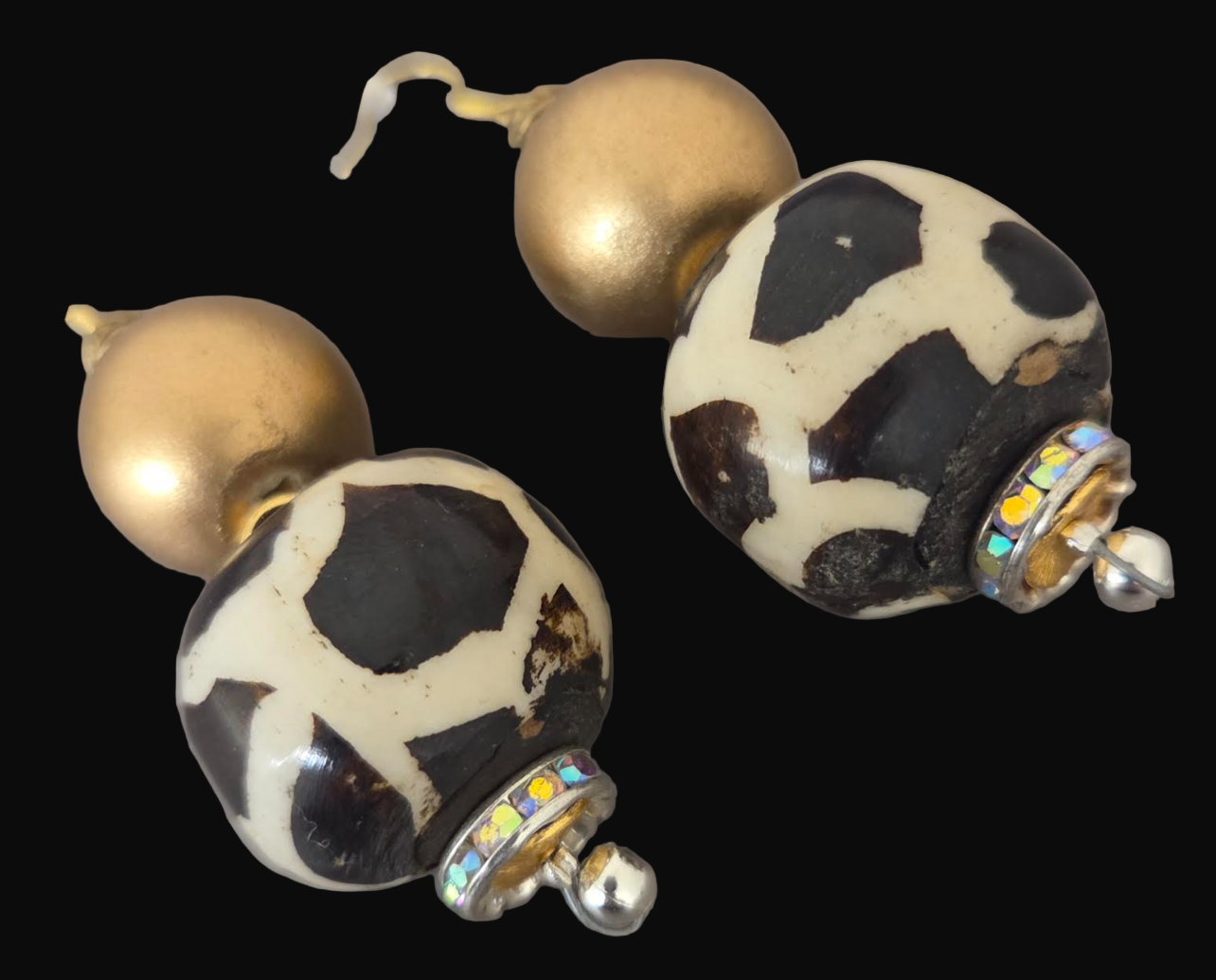 Batik Bone & Gold Metallic Beaded Pierced Earrings - Africal Tribal Inspired Dangle Ear Candy