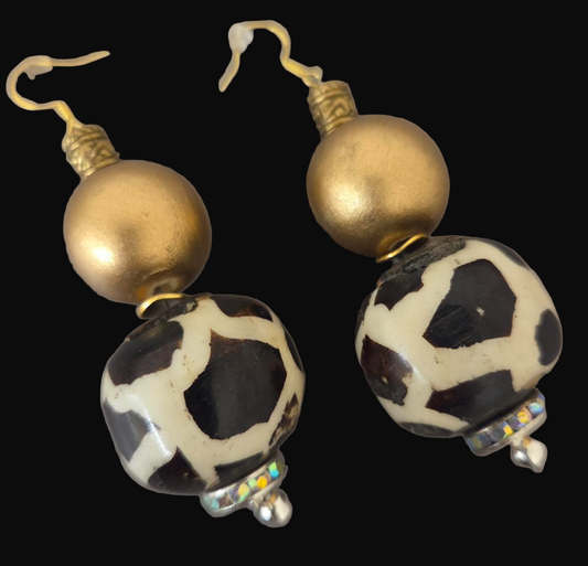 Batik Bone & Gold Metallic Beaded Pierced Earrings - Africal Tribal Inspired Dangle Ear Candy