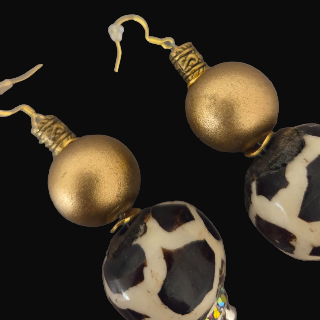 Batik Bone & Gold Metallic Beaded Pierced Earrings - Africal Tribal Inspired Dangle Ear Candy