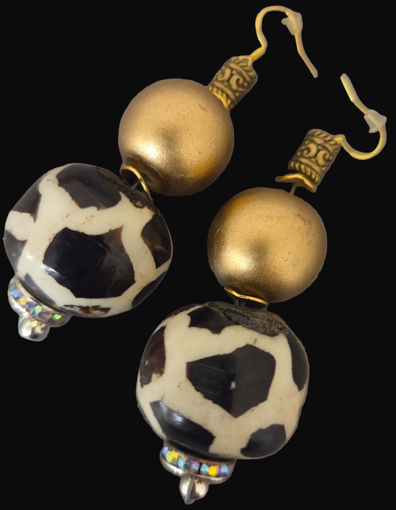 Batik Bone & Gold Metallic Beaded Pierced Earrings - Africal Tribal Inspired Dangle Ear Candy
