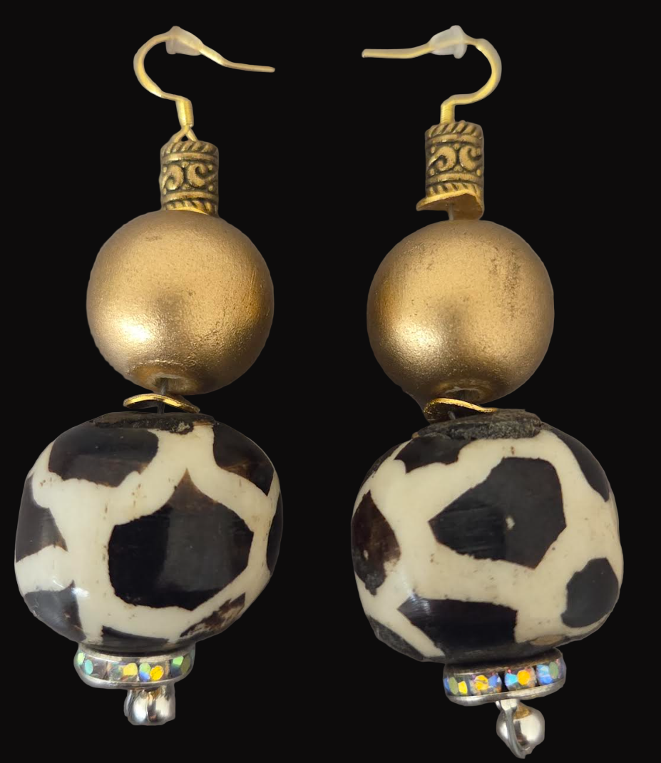 Batik Bone & Gold Metallic Beaded Pierced Earrings - Africal Tribal Inspired Dangle Ear Candy