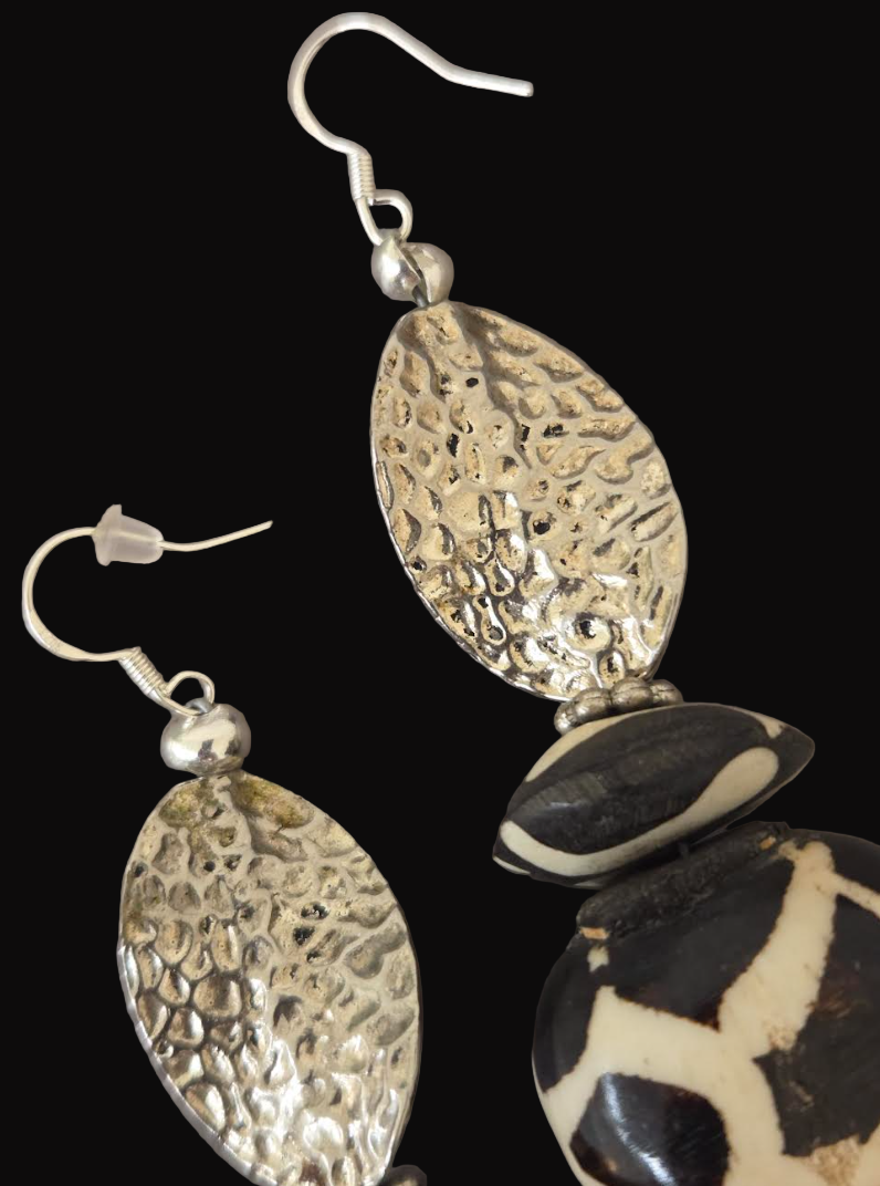 Buffalo Incisor Teeth & Batik Bone Shoulder Dusters - African Tribal XL Pierced Earrings