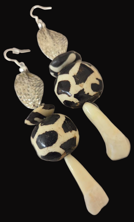 Buffalo Incisor Teeth & Batik Bone Shoulder Dusters - African Tribal XL Pierced Earrings