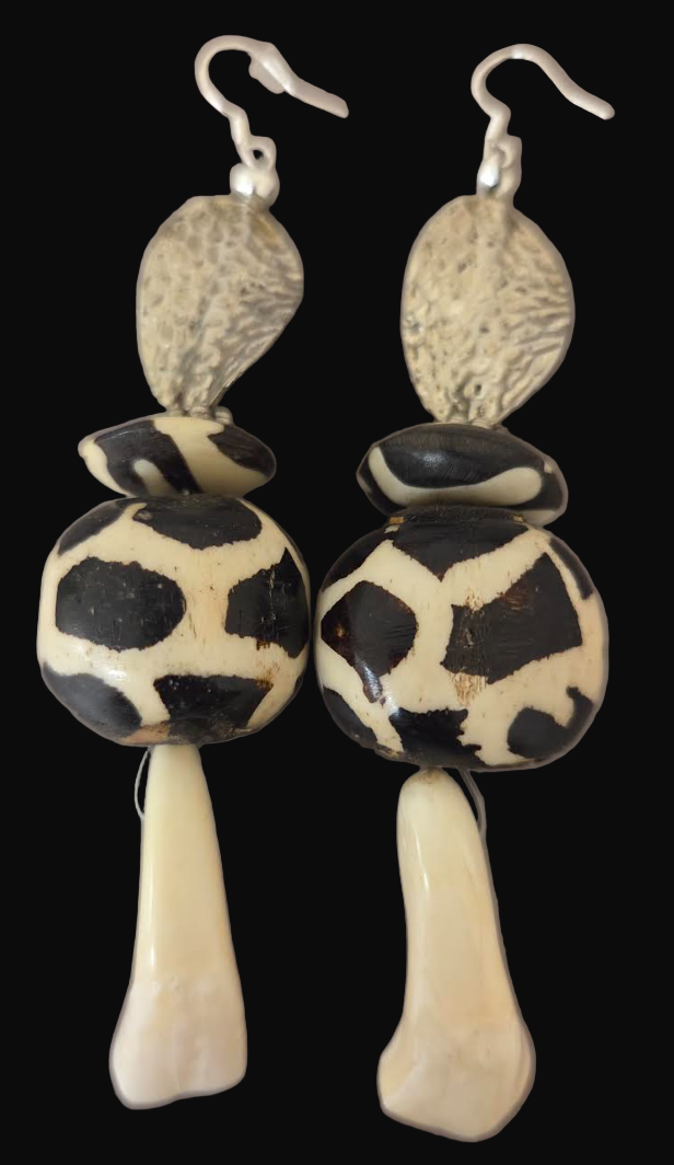 Buffalo Incisor Teeth & Batik Bone Shoulder Dusters - African Tribal XL Pierced Earrings