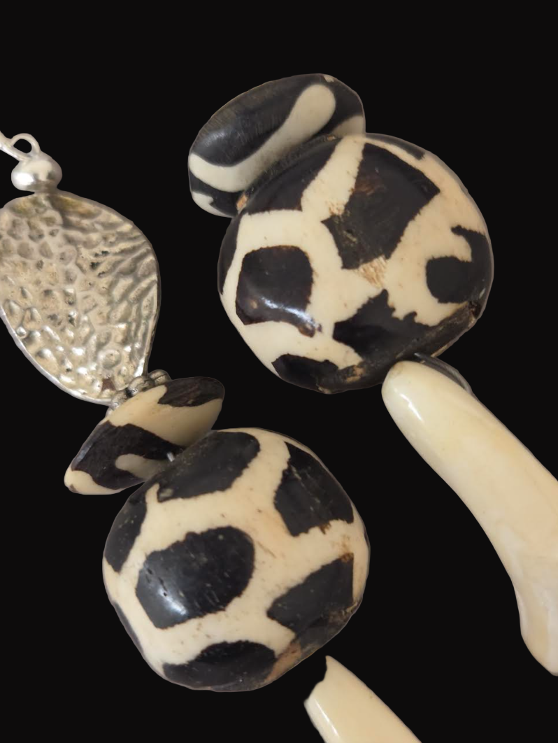 Buffalo Incisor Teeth & Batik Bone Shoulder Dusters - African Tribal XL Pierced Earrings
